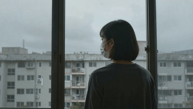 Woman wearing a mask looking out the window