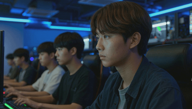 Students focused on gaming in a internet cafe