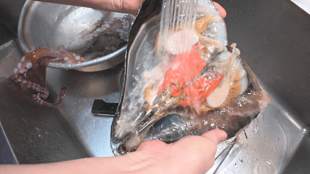 Washing fresh pen shells under running water