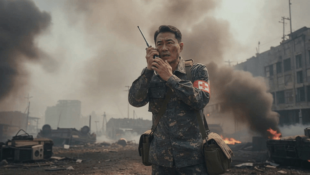 Soldier communicating in a war-torn city