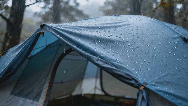 Tent covered with raindrops in heavy rain