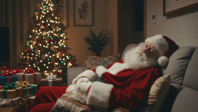 Santa resting by a decorated Christmas tree
