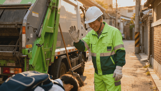 Sanitation worker greeting an elementary student