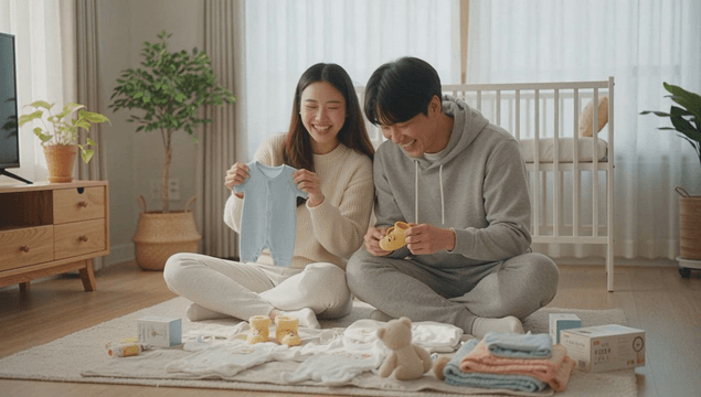 Couple preparing baby clothes in a cozy room
