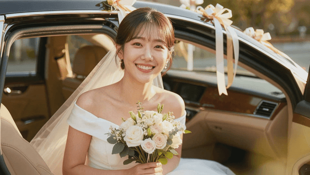 Bride smiling forward holding bouquet in wedding car
