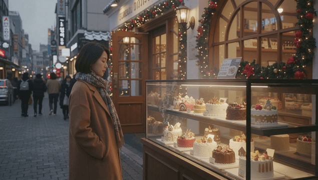 크리스마스 거리에서 케이크를 감상하는 여성