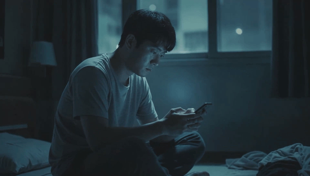Man using a smartphone in a dimly lit room
