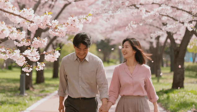 Middle-aged couple walking under cherry blossoms