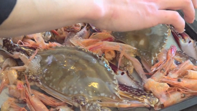 Fresh crabs and shrimp shells being prepared