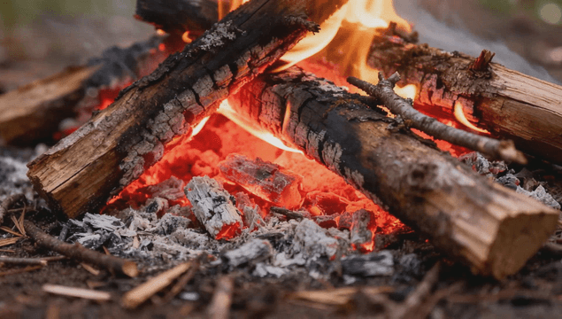 Burning logs and glowing campfire