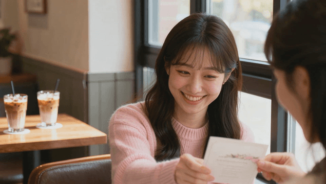 Female giving a wedding invitation to a friend in a cafe