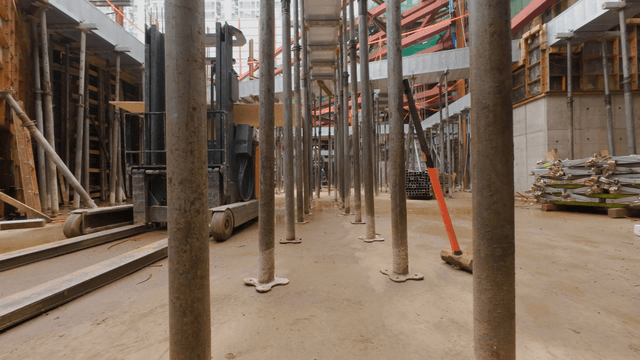 Construction site with scaffolding and tools