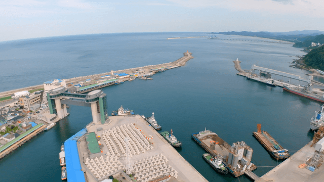 Aerial view of coastal harbor with ships