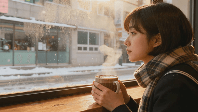눈 내리는 창가에서 음료를 즐기는 여성