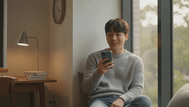 Man smiling during a video call by the window