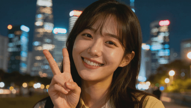 Young woman smiling with a V pose facing the city night view