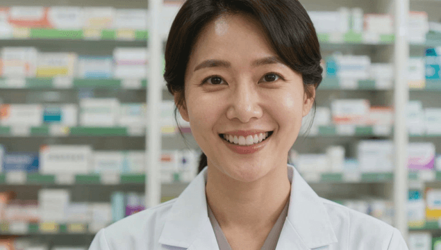 Young female pharmacist smiling while explaining in a pharmacy