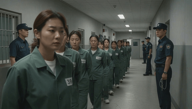 Female prisoners walking down a corridor under guards' control