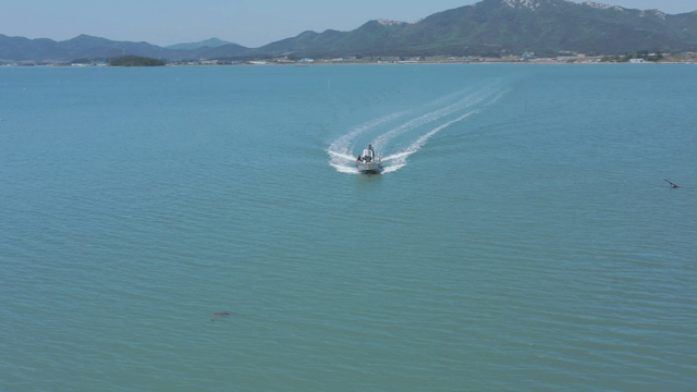 Boat cruising on a serene lake