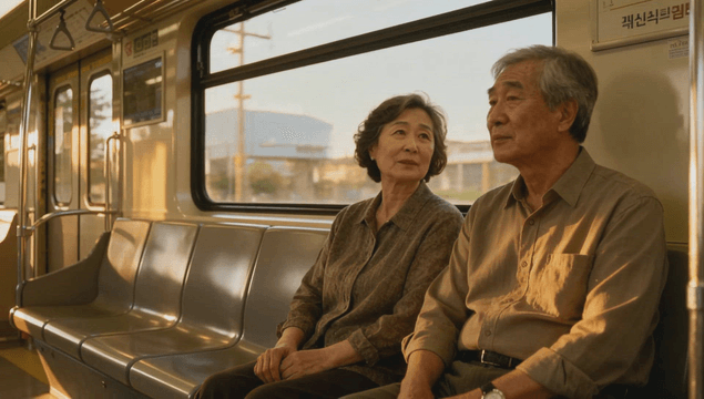 Elderly couple sitting in a subway train