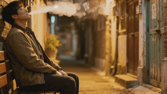 Man smoking on a bench in a dim alley