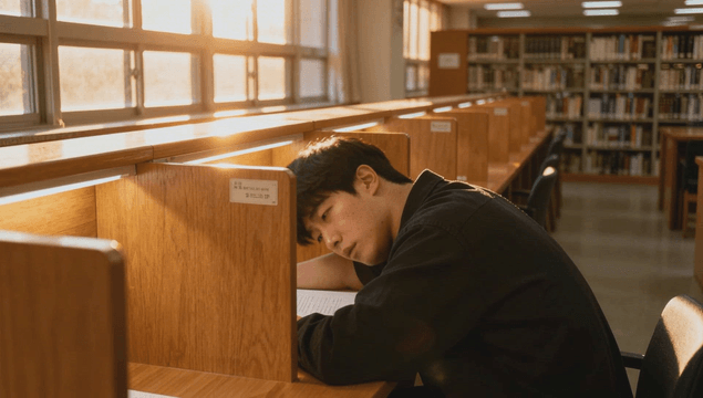 Young man dozing off in a library reading room