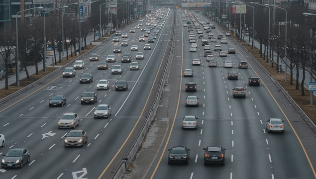 여러 차선의 교통이 있는 번잡한 고속도로