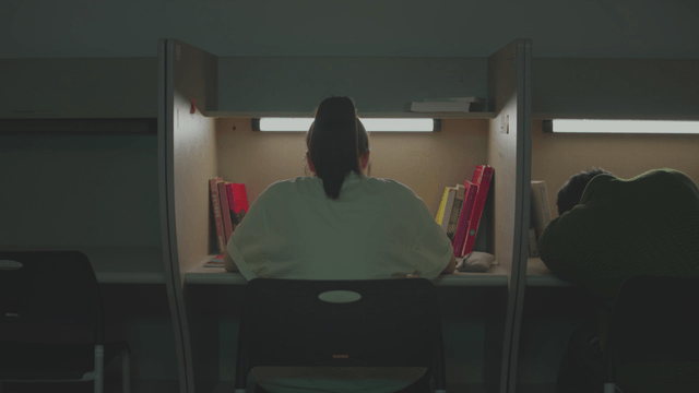 Backs of students studying in a dimly lit library