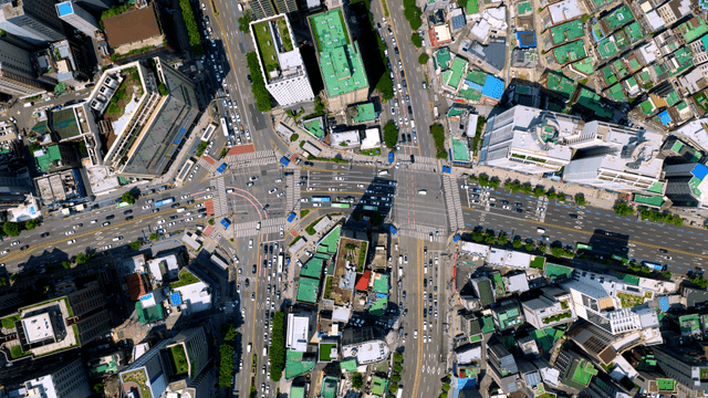 A busy city intersection with traffic