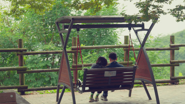 Couple sitting on a swing in a forest park