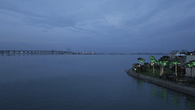 Evening view of a town by the water