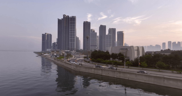 Coastal cityscape with high-rise buildings
