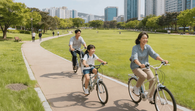 Family riding bicycles in the city park