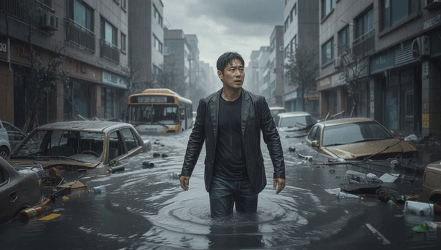 Man walking through a flooded road