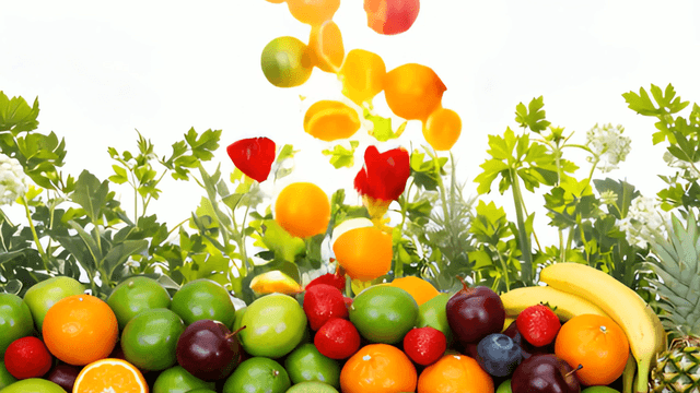 Fresh fruits pouring down with a green plant background