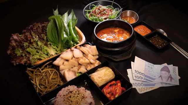 A full Korean meal with side dishes and money