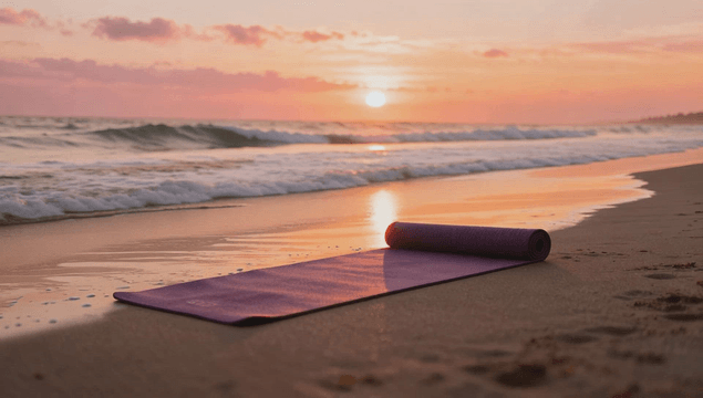 Sunset beach with quiet yoga mat
