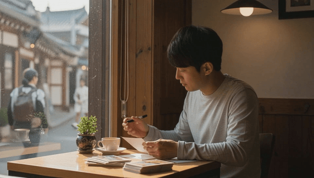 Man writing by the window of a cafe in a traditional Korean street