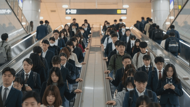 Crowded escalator in busy subway station