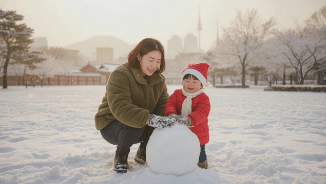 겨울에 눈사람을 만드는 엄마와 아이