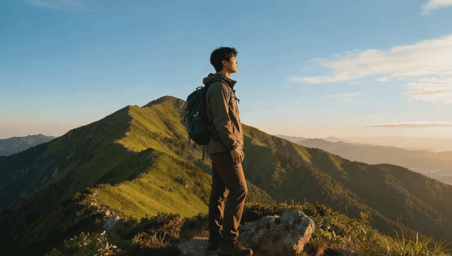 Male hiker enjoying the view on a mountain peak