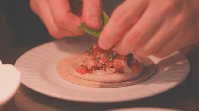 Gourmet dish topped with fresh vegetable garnishes