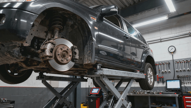 Car on a lift in an auto repair shop
