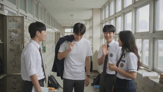 Students smiling and talking in graffiti-filled school hallway