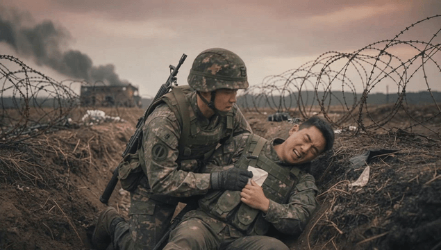 Soldier shot in a trench during battle