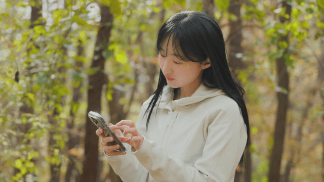 Woman using smartphone in autumn forest