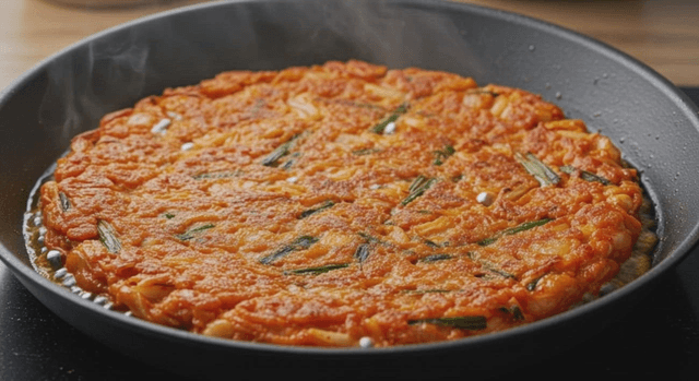Kimchi pancake sizzling in a pan