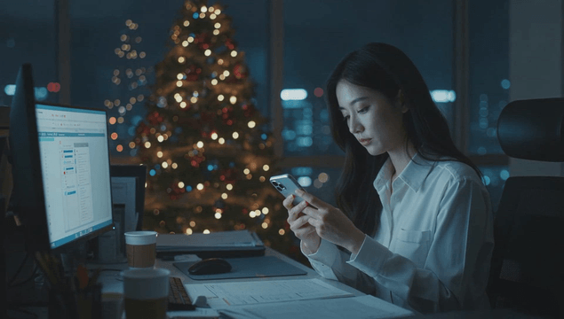 Office worker using phone at night with Christmas tree