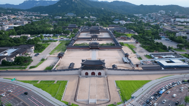 Aerial view of a traditional Korean palace