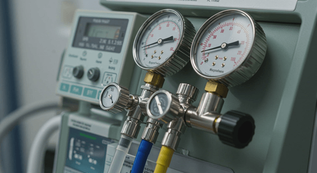 Close-up of medical equipment with gauges